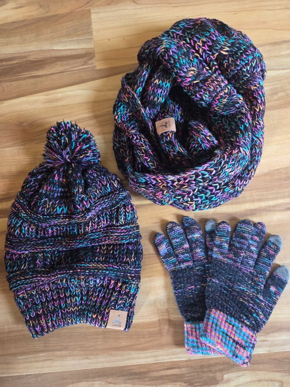 Lorome Black Multicolor Women's Winter Beanie, Infinity Scarf and Gloves NWOT